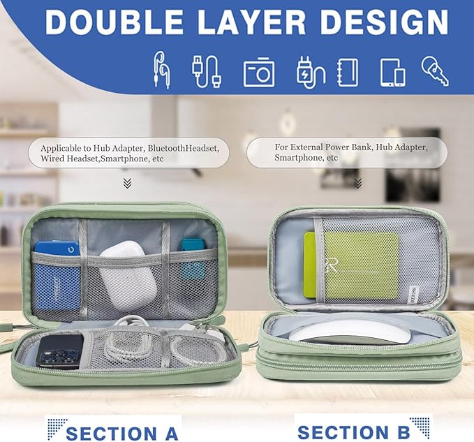 CAAORDKSO Electronic Organizer Bag, Waterproof Portable Electronic Organizer Travel Accessories Cable Bag Universal Cord Storage Case for Cable, Charger, Phone, Power Bank, Earphone(Mint Green, Large)