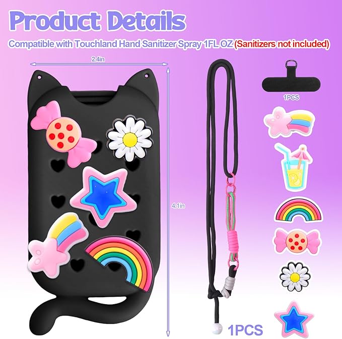Mity rain Hand Sanitizer Spray Case Compatible With Touchland, Cute Silicone Hand Sanitizer Holder Keychain with 4 Charms, Portable Refillable Sanitizer Accessory, Gift for Women And Teens
