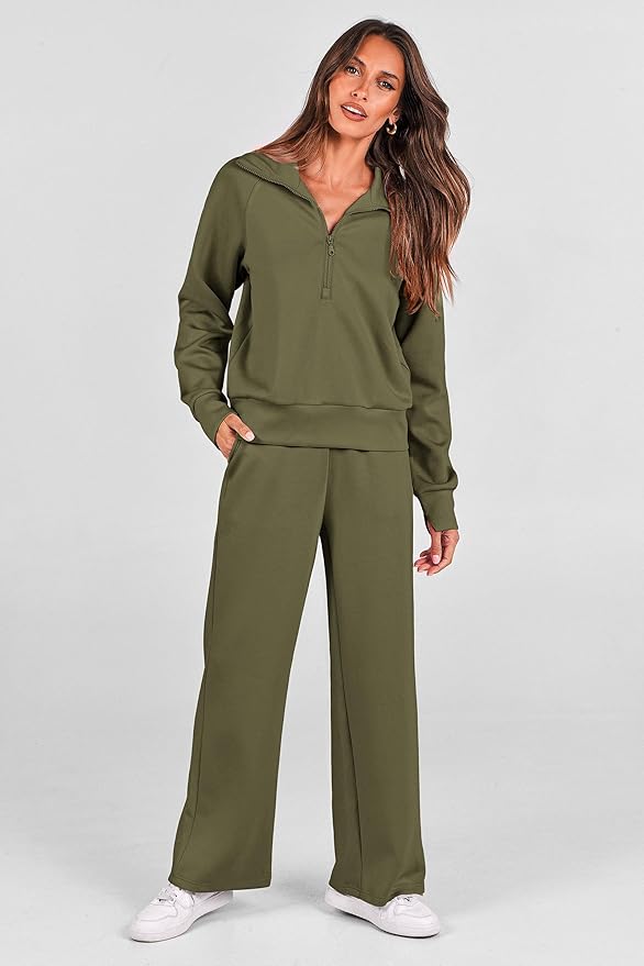 PRETTYGARDEN Women's 2 Piece Outfits Casual Lapel Half Zip Sweatshirts and Wide Leg Pants Tracksuit Sets