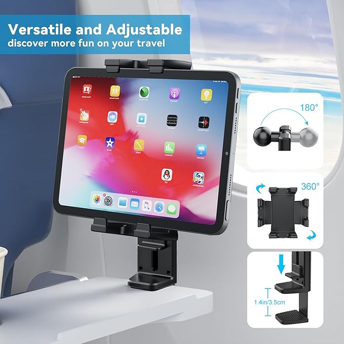 Airplane Tablet Holder Mount, Flight Essentials Travel Accessories Tablet Stand with 360 Degree Rotation,Compatible with 4.7-12.9inch iPad, Phone