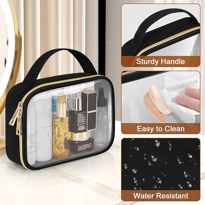 Wedama Clear Toiletry Bag, 2 Pack Clear Makeup Bags with Handles, Large Travel Bags PVC Cosmetic Bag for Women and Men, Carry on Airport Airline Compliant Bag, Black