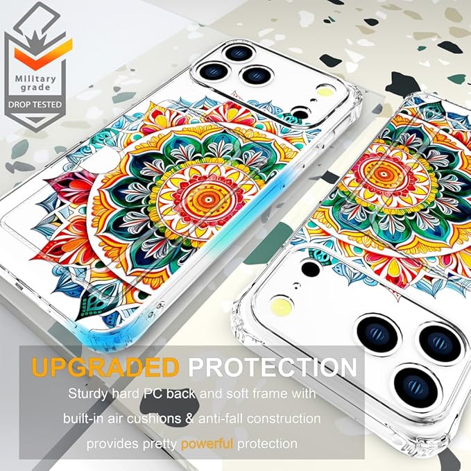 Compatible with iPhone 17 Pro Case Card Holder for Women Cute Design,Wallet Phone Cases Transparent Cool Kawaii Protective (Clear Mandala Henna Flower)