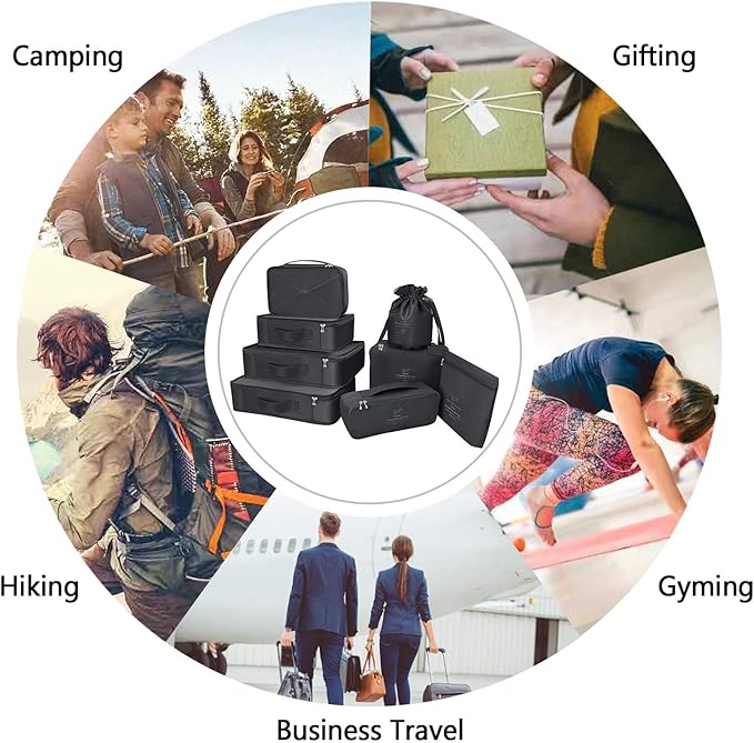 Packing Cubes 8 Sets/7 Colors Travel Luggage Organizers Include Waterproof Shoe Storage Bag Convenient Packing Pouches for Traveller (Black)