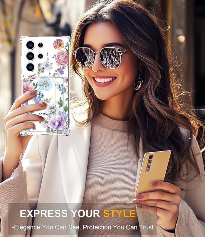 Compatible with Samsung Galaxy S24 Ultra Case Card Holder for Women Cute Design,Wallet Phone Cases Transparent Cool Kawaii Protective (Clear Amazing Lovely Flowers)