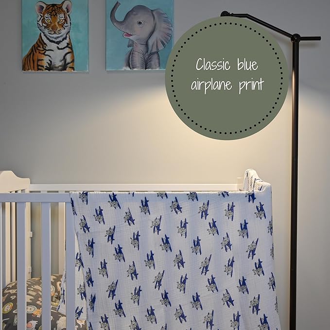 LollyBanks Muslin Swaddle Blanket, 100% Muslin Cotton Baby Blankets for Boys, 47 X 47 Inches Baby Boy Swaddles, Breathable and Lightweight Infant Blanket, Newborn Essential, Registry (Airplane Print)