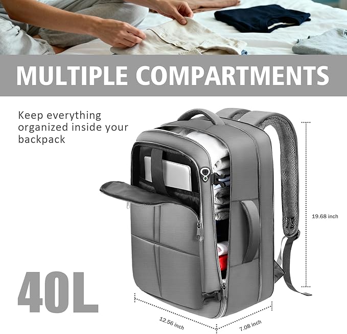 tazbuzo Travel Backpack, Extra Large 50L Flight Approved Carry on Backpack, Expandable Waterproof Business Suitcase Daypack Big Bag Fits 18.4 Inch Laptop, Grey