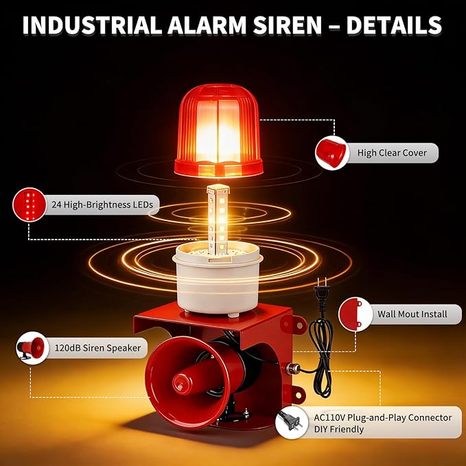 AC110V Industrial Siren Alarm Strobe Light-120dB Loud Horn&Red Beacon Warning Light,Waterproof Indoor/Outdoor Safety Alarm for Emergency,Factory,Office,Fires,Tornado,Intruders,Animal Deterrent
