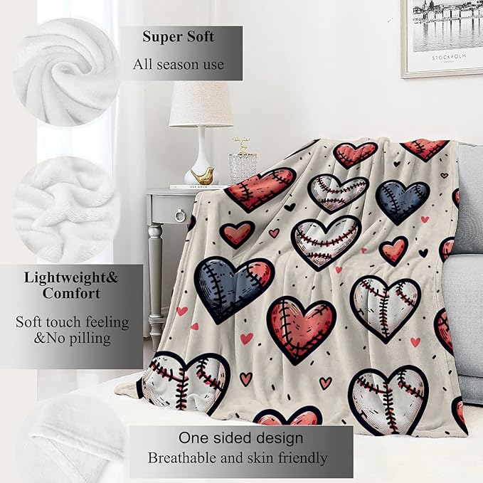 Baseball Hearts Blanket Sport Lovers Throw Blankets Gifts for Kids Adult Lightweight Soft Fleece Cozy for Sofa Couch Bed Room Travel Birthday Party Decor 60x80in