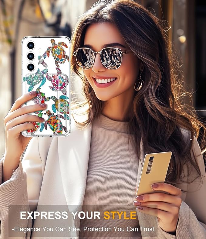 Compatible with Samsung Galaxy S24 / S25 Case Card Holder for Women Cute Design,Wallet Phone Cases Transparent Cool Kawaii Protective (Clear Sea Turtles Animal Tribal)