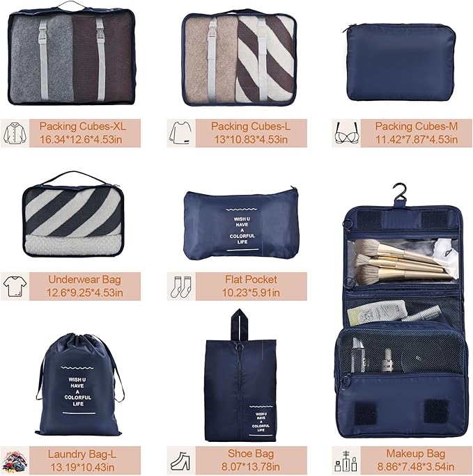 8 Set Compression Packing Cubes for Travel Essentials,Suitcase Organizer Bags, Carry-On Luggage Accessories with Laundry & Toiletry Bag, Road Trip & Camp Gifts for Men and women（navy）