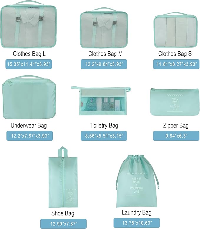 Vercord 8 Set Travel Packing Pods Luggage Organizers Cubes with Laundry Bags Accessories