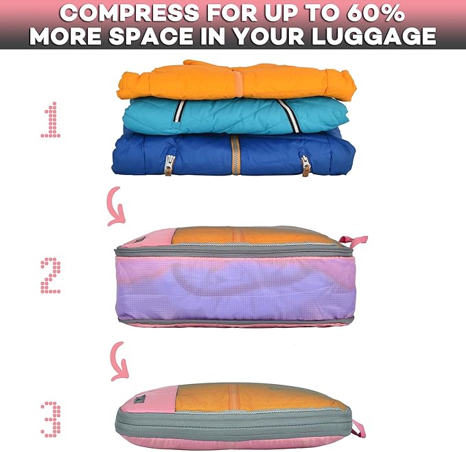Compression Packing Cubes - WONGLE 12 pc Set His and Hers Family Travel Organizer Compressible Packing Cubes for Suitcases, Luggage Organizer Bags, Travel Accessories, Shoe Bag (Pink/Black)