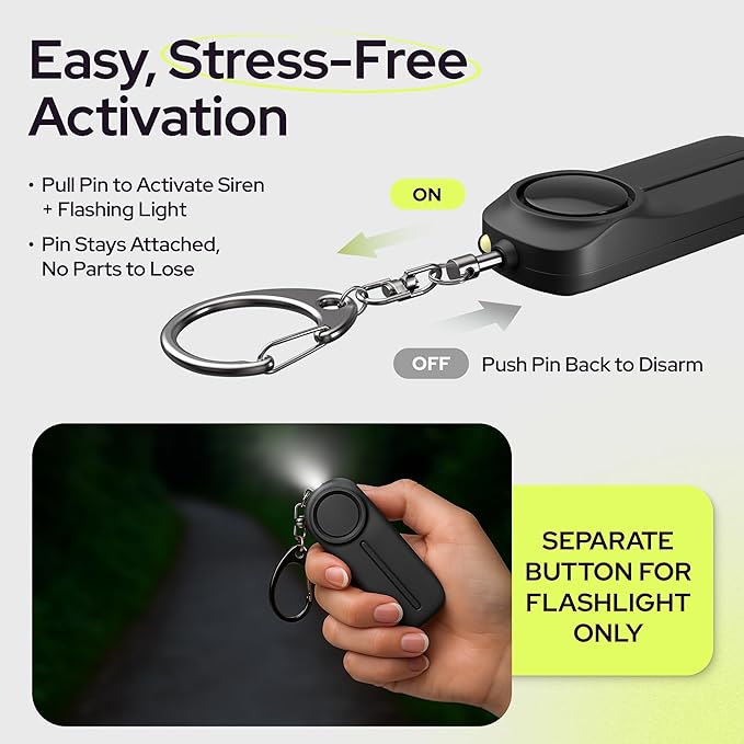 Weten Personal Safety Alarm Keychain - 2 Pack 130dB Siren, LED Light, Panic Pin – Compact Self-Defense Device and Emergency Whistle Alternative for Women, College, Travel, and Night Walk Protection