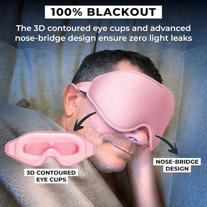 FlyHugz® 3D Travel & Home Sleep Mask|Ultra-Soft, 100% Light-Blocking Eye Mask for Deeper Sleep,Adjustable Strap with Nose Bridge Design|Perfect for Travel and Insomnia