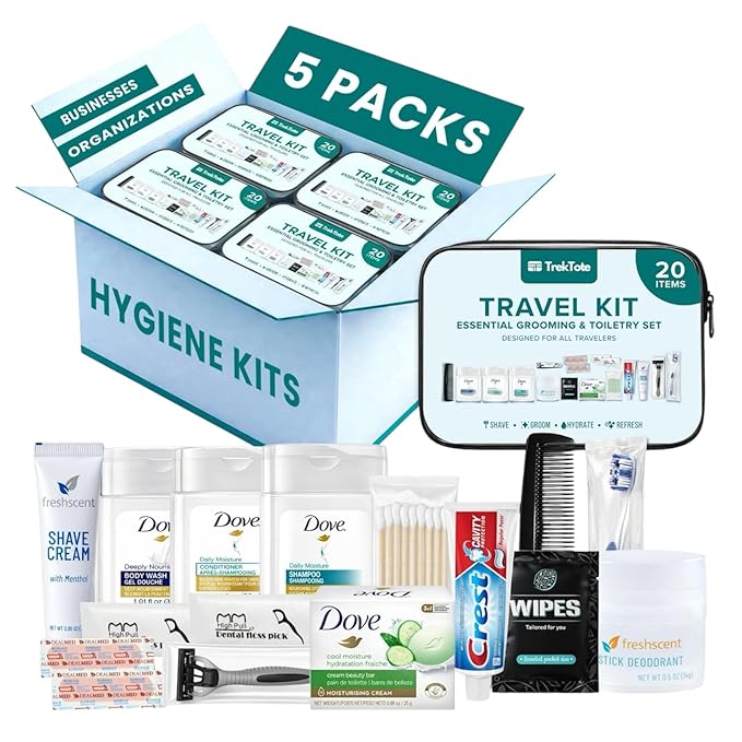 TrekTote 20 Piece Hygiene Kit Bulk, Travel Size Toiletries Set, Care Package Supplies, Mini Deodorant Shampoo Body Wash Toothbrush Toothpaste Razor Kit, TSA Approved, Clear Bag