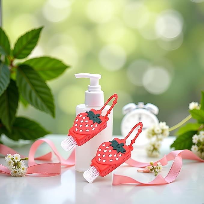 2Pcs Strawberry Empty Travel Hand Sanitizer Bottle, Silicone Sleeve Refillable Empty Squeeze Leakproof Flip Cap Keychain, Hand Soap Holder Cosmetic Containers, Refillable Portable Travel Containers