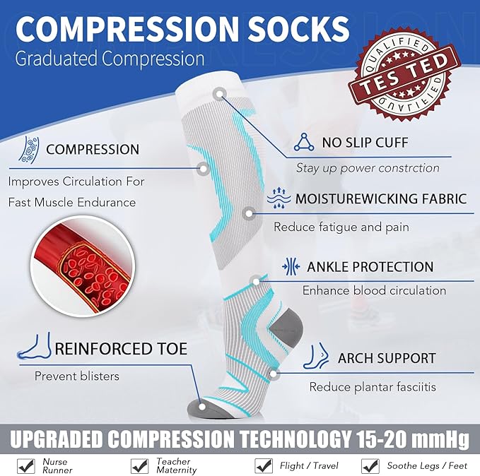 Sooverki Copper Compression Socks for Men & Women 8 Pack 15-20mmHg - Knee High Stockings Best Support for Running Athletic