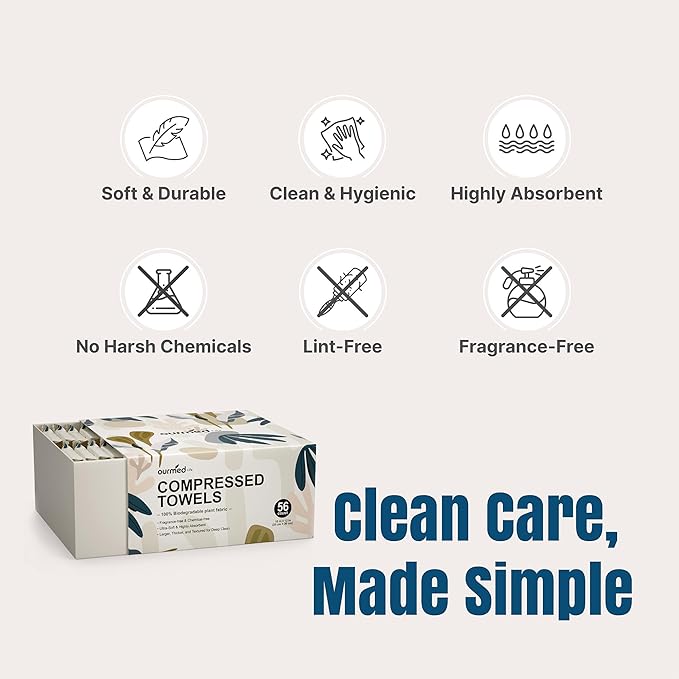 Ourmed Life Mini Compressed Towel Tablets, Portable Disposable Face Towels, Individually Wrapped Mini Tablets, Expands with Water, Soft & Lint-Free, 12 x 10 Inch, Travel Size (56 Count)