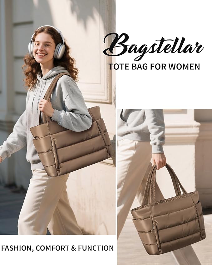 Bagstellar Puffer Tote Bag for Women, Lightweight Puffy Work Handbag Teacher Nurse Quilted Shoulder Bag for School Travel Gym | Cloud Bag w/ Zipper, Daily College Bags, 15.6" Computer Bag, Clinical Nursing Bag, 40 OZ Tumbler Holder, Ideal Gift for Women