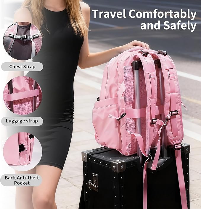 Travel Backpack for Women Men Carry on Backpack, Airline Approved Large Travel Bag Flight Approved Personal item, 15.6 Inch Laptop Backpack Casual Daypack for Weekender Business Hiking-PINK