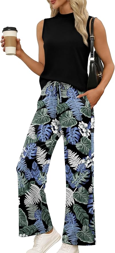 WIHOLL Two Piece Set for Women Summer Spring Outfits Cruise Travel Airport Beach Vacation Mock Neck Wide Leg Pants Set