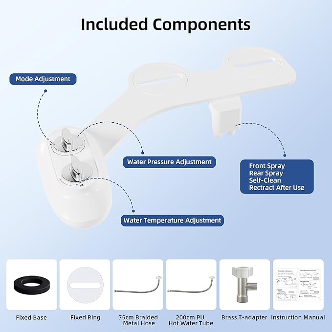 Ultra-Slim 3-in-1 Bidet Attachment for Toilet, Adjustable Warm/Cold Water & Pressure, Self-Cleaning Dual Nozzles for Posterior & Feminine Wash, Easy Install (White）