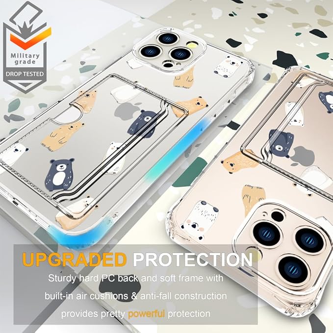 Compatible with iPhone 16 Pro Case Card Holder for Women Cute Design,Wallet Phone Cases Transparent Cool Kawaii Protective (Clear Lovely Bears Funny)