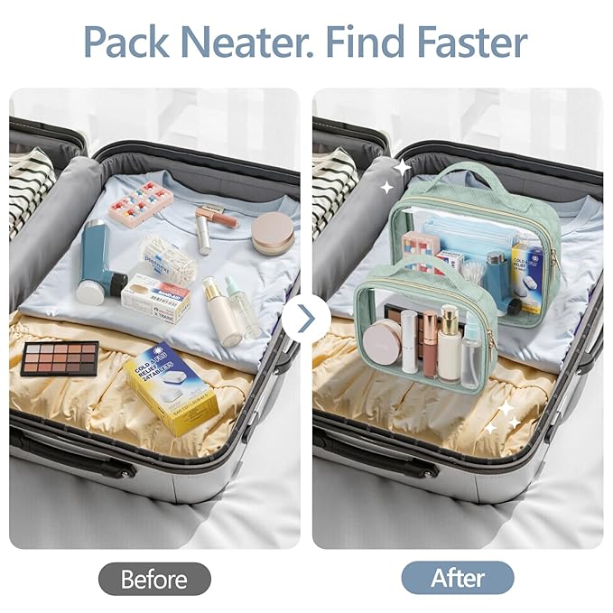 PACKISM TSA Approved Toiletry Bag Combo Pack, 1 Clear Makeup Bag Medium & Large for Checked Luggage, Clear Travel Bag with Handle, Water-resistant Travel Essentials Organizer, Laurel Green