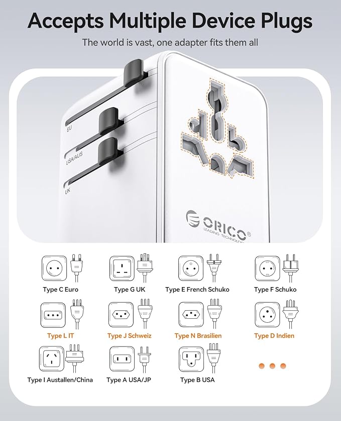 ORICO Universal Travel Adapter 100W GaN International Power Adapter with 2 AC, 3 USB-C and 2 USB-A Ports, Built-in Retractable USB-C Cable, European Travel Plug Adapter for Eu US UK AU &200+ Countries