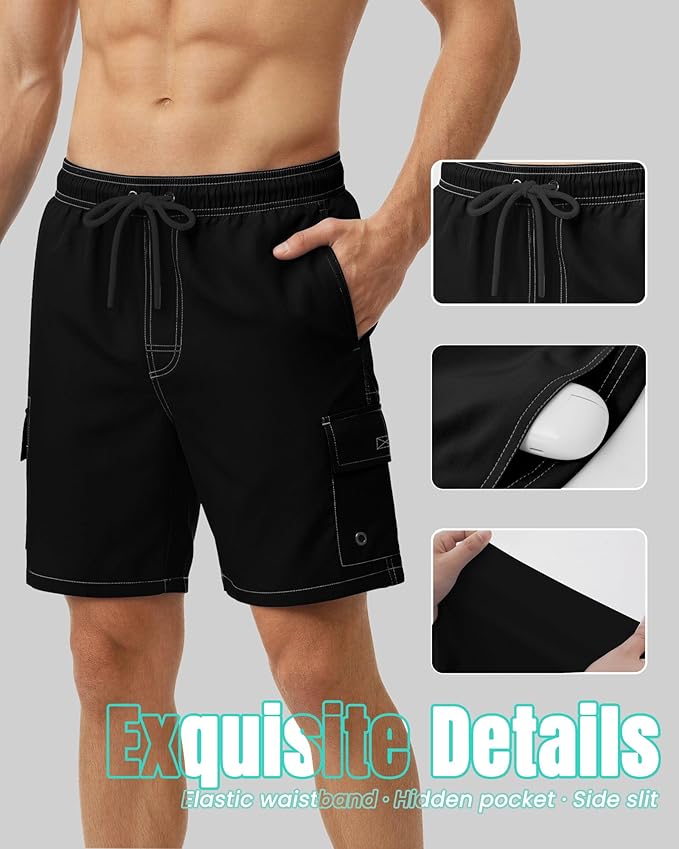 Men Swim Trunks with Compression Liner Quick Dry Breathable Multi Pockets for Summer Beach Cruise Water Park