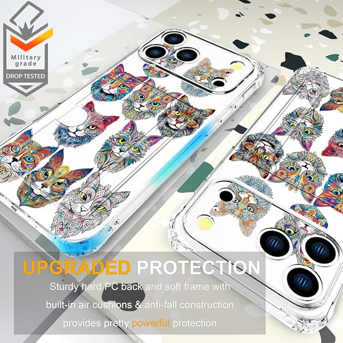 Compatible with iPhone 17 Pro Max Case Card Holder for Women Cute Design,Wallet Phone Cases Transparent Cool Kawaii Protective (Clear Tattoo Cats Animal)