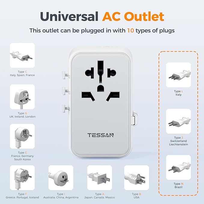 TESSAN Universal Travel Adapter PD 35W GaN, International Power Adapter Built in 1 Retractable USB C Cable, 6 in 1 Travel Adaptor Worldwide with 4 USB Ports for US to Europe UK AUS (Type C G A I)