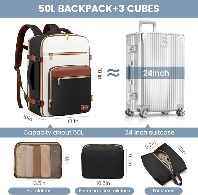 LOVEVOOK Travel Backpack For Women,50L Carry On Backpack Flight Approved,TSA Personal Item Travel Bag Fits 18 Inch Laptop,Business Weekender Overnight Daypack with Toiletry Bag and Cube,White brown