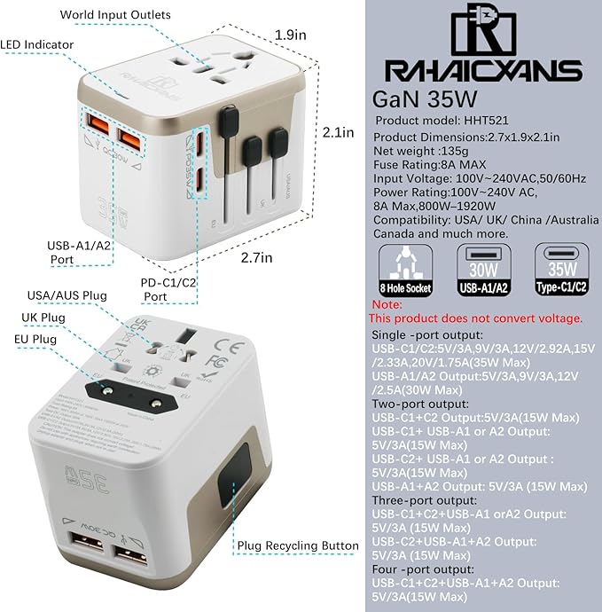 35W Universal Travel Adapter with 4 Ports (2 USB-C & 2 USB-A) – All-in-One Worldwide Power Adapter for US, EU, UK, AU & 200+ Countries – Fast Charging Wall Charger (White)