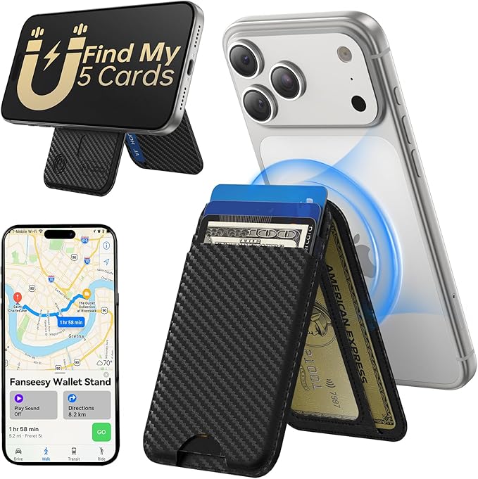 TWZKG for MagSafe Wallet, Works with Apple Find My,5 Card Holder with Stand, Magnetic Phone Wallet for iPhone 17/16/15/14/13/12 Pro Max Plus Air, RFID Blocking Vegan Leather,Carbon Fiber