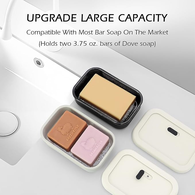 AIDIMMING Enhanced Leak Proof Travel Soap Case,Shatterproof Silicone Soap Holder for Traveling, Shampoo and Conditioner Bars Dish with Slip Soap Saver Pad,Portable Soap Box (Offwhite&Offwhite)