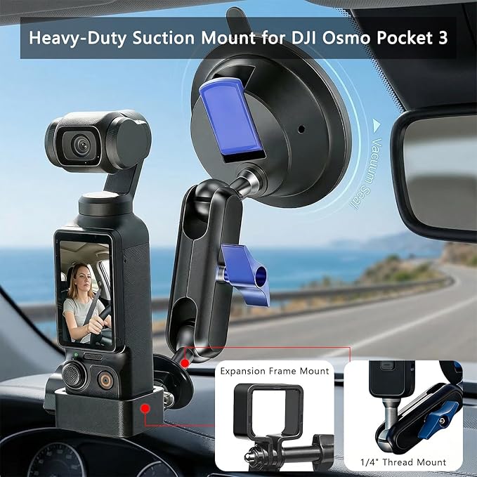 Car Mount for DJI Osmo Pocket 3 4, 30LB Suction Windshield Window Dash Holder Kit w Expansion Adapter & Phone Clip, for Insta360 X5 X4 for GoPro Hero DJI Action 6 5 Pro Nano Accessories