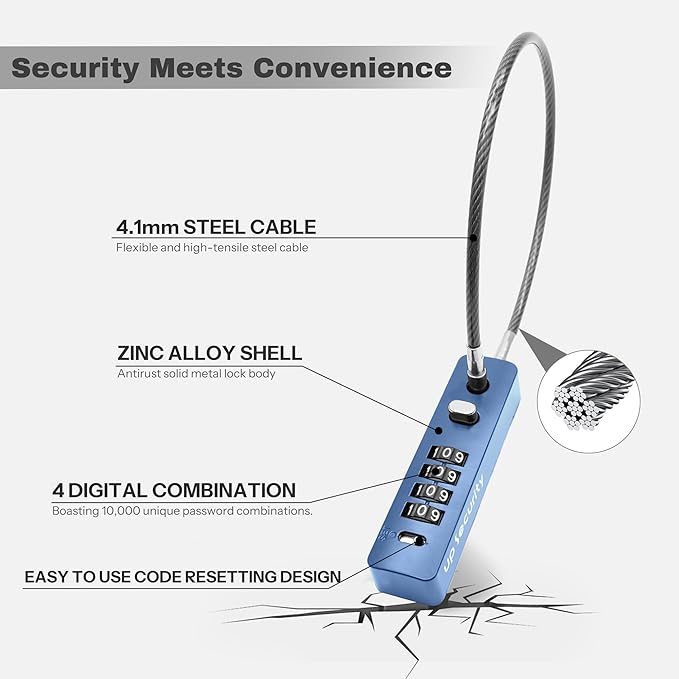 4 Digit Combination Cable Lock for Bike Scooter Motorcycle Helmet AntiTheft, 11.8" Short Cable Chain, Combo Travel Lock with Code for Luggage Suitcase, Refrigerator, Fence Gate, Locker
