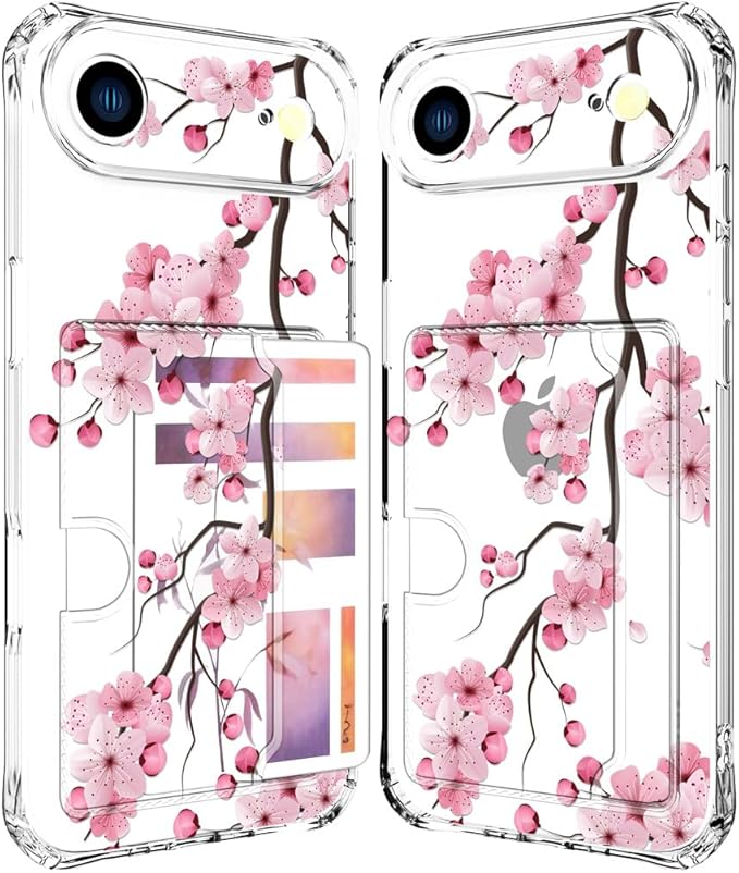 Compatible with iPhone 17 Air Case Card Holder for Women Cute Design,Wallet Phone Cases Transparent Cool Kawaii Protective (Clear Sakura Peach Cherry)