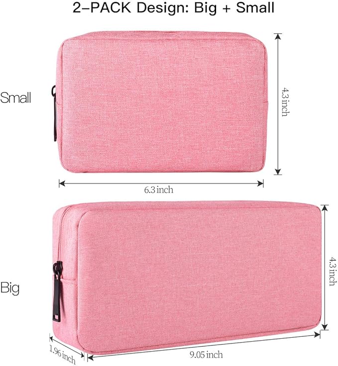 2-PACK Accessories Bag for Women Ladies Travel Organizer, Big+Small Portable Storage Bag Pouch Electronics Accessories Carrying Case Cosmetic Bag for Hard Drive, Mouse, Cable, Adapter, Cellphone, Pink