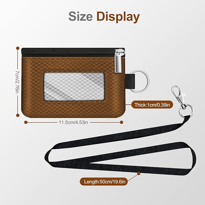 Minimalist RFID Blocking Small Wallet with ID Window,WaterResistant Zip Id Case Wallet with Lanyard Keychain for Cards,Cash,Travel,Women,Men (Brown/Light Grey)