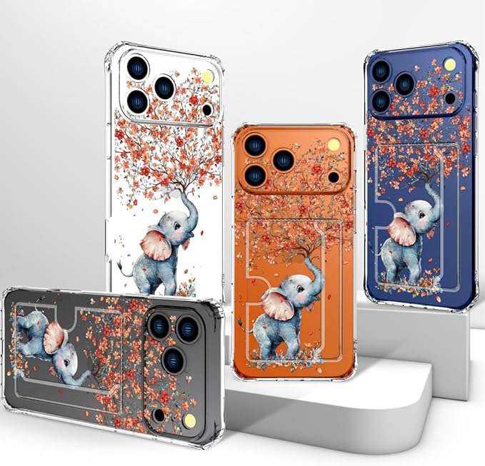 Compatible with iPhone 17 Pro Max Case Card Holder for Women Cute Design,Wallet Phone Cases Transparent Cool Kawaii Protective (Clear Elephant Creating Flowers)