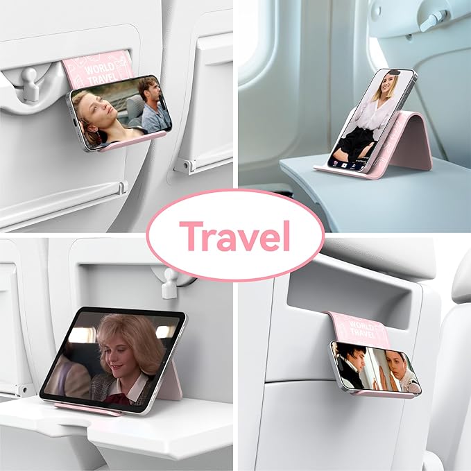 Airplane Phone Holder Mount, Travel Essentials Flexible Phone Holder, Airplane Tablet Holder for Flying, Desk, Compatible with iPhone, Smartphone, Tablet, Pink