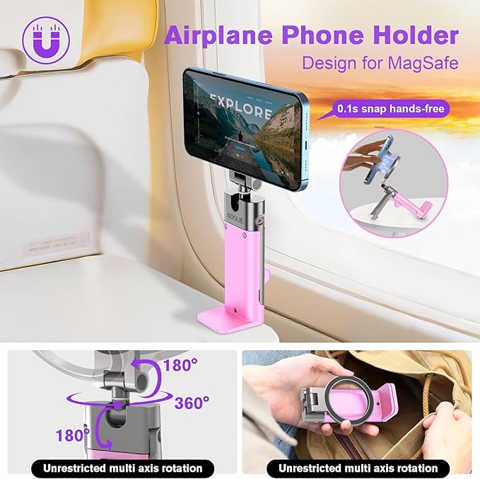 Valentine's Day Gift for Her Airplane Phone Holder Travel Essentials for Women,Magnetic Phone Holder for MagSafe,N55 Strong Magnet,360°Swivel Portable Cruise Airplane Gadgets for iPhone 17 Pink