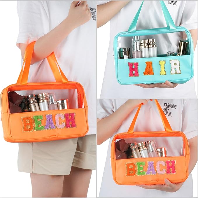 BuyCard Chenille Letter Patch Clear Travel Bags, Preppy PVC&Nylon Makeup Bag with Handle and Zipper, Waterproof Large Clear Travel Toiletry Bag Storage Bag for Women Girls