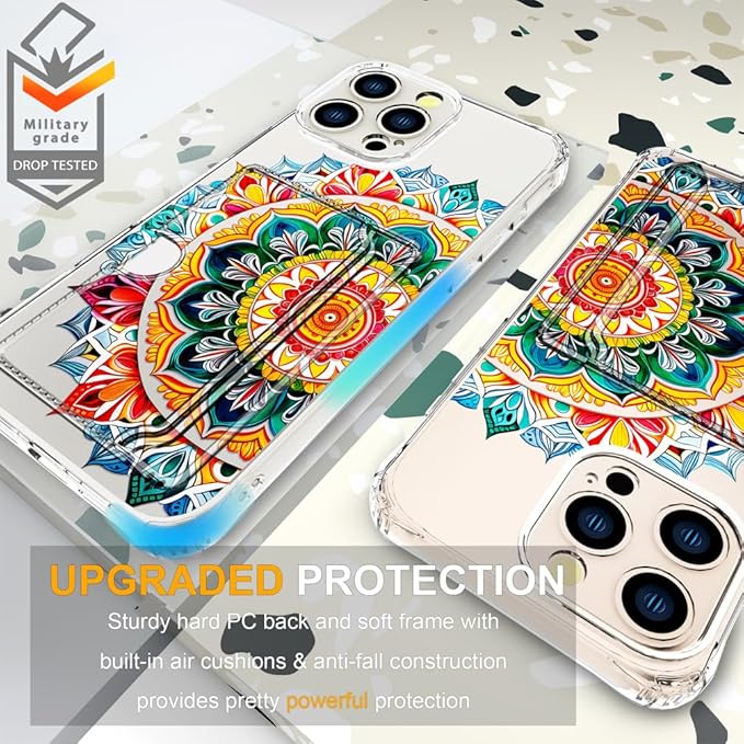Compatible with iPhone 16 Pro Case Card Holder for Women Cute Design,Wallet Phone Cases Transparent Cool Kawaii Protective (Clear Mandala Henna Flower)