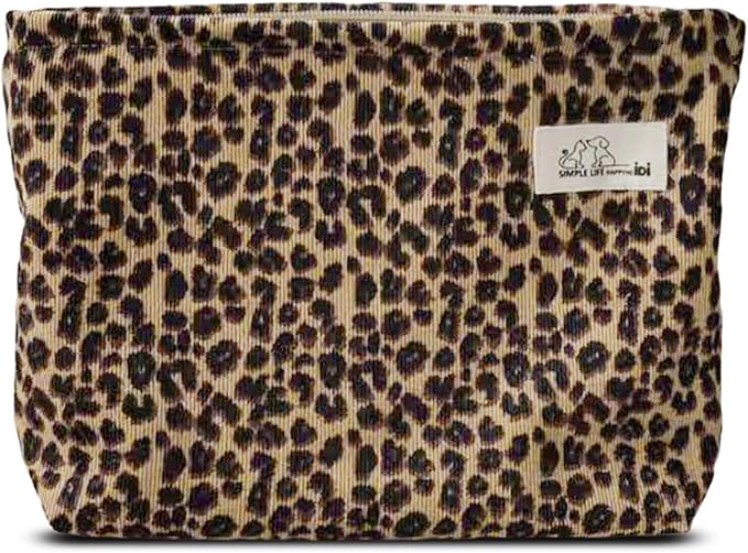 HAPPYHEIDI Leopard Print Makeup Bag with Pocket Large Cosmetic Toiletry Travel Pouch, Small Accessory Organizer Bag, Soft Corduroy Fabric, Brown Cheetah, 8.5x2x6.5 Inches