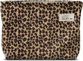 HAPPYHEIDI Leopard Print Makeup Bag with Pocket Large Cosmetic Toiletry Travel Pouch, Small Accessory Organizer Bag, Soft Corduroy Fabric, Brown Cheetah, 8.5x2x6.5 Inches