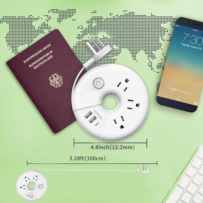 Travel Power Strip, NTONPOWER 3 Outlets 3 USB(1 USB C) Cruise Approved Power Strip, Short Extension Cord 3ft, Travel Essentials for Home, Hotels, Cruise Ship, Vacation, White, i-Donut