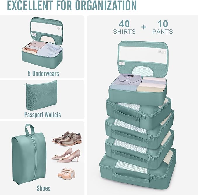 Veken 10 Set Packing Cubes for Travel Essentials, Suitcase Organizer Bags in 4 Sizes, Carry-On Luggage Accessories with Large Laundry Bag & Passport Holder, Must-Have for Airplane, Road Trip & Camping